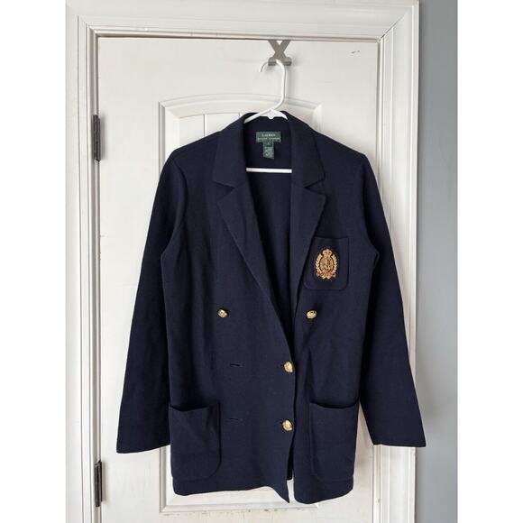 Ralph Lauren Blazer sz S Navy Blue Double Brested Embroidered Crest Logo Jacket - Picture 1 of 4